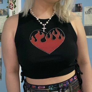 Flame rhinestone heart lace up crop top